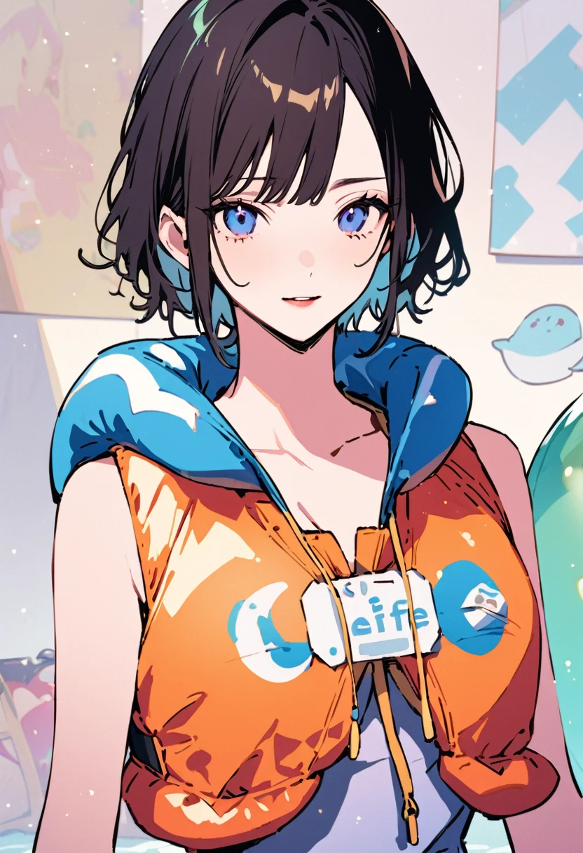 masterpiece, highest quality, Illustration of the novel, High resolution, 18+ Adult content, Sensual, Intimate, Emotional, Passionate, romantic, sweet, Adorable, Innocent, Pure, Charmな, Charmな, Charm, Mysterious, Charmな, Charmな, Immersive, Charmな, dream-like, Surreal, Imaginative, Whimsical, artistic, Avant-garde, timeless, elegant, Sophisticated, chic, Sophisticated, personality, original, Charmな,((life vest,inflatable vest:1.3))、((Upper Body:1.3))