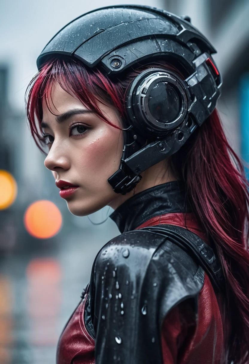 create a realistic picture of sci fi macro photography, a beautiful cyberpunk girl, wearing a futuristic helmet with a complicated shape that has a black visor that covers her entire face, the black visor is broken and half side of her face is visible in scars with drops of ( red blood ) on her cheeks like the ironman character in the movie avengers end game, wearing cyberpunk style futuristic clothes, dynamic pose, rainy day, dark clouds background,