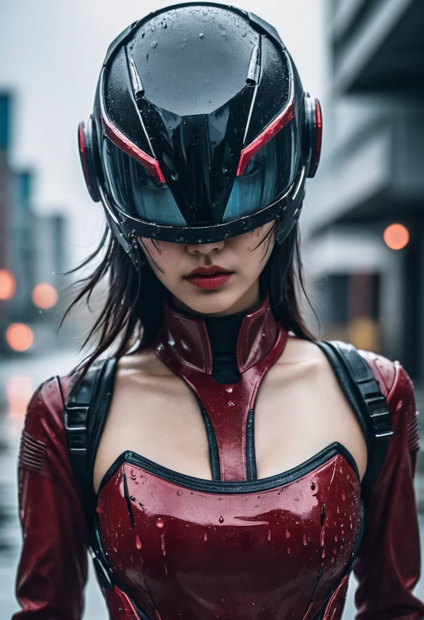 create a realistic picture of sci fi macro photography, a beautiful cyberpunk girl, wearing a futuristic helmet with a complicated shape that has a black visor that covers her entire face, the black visor is broken and half side of her face is visible in scars with drops of ( red blood ) on her cheeks like the ironman character in the movie avengers end game, wearing cyberpunk style futuristic clothes, dynamic pose, rainy day, dark clouds background,