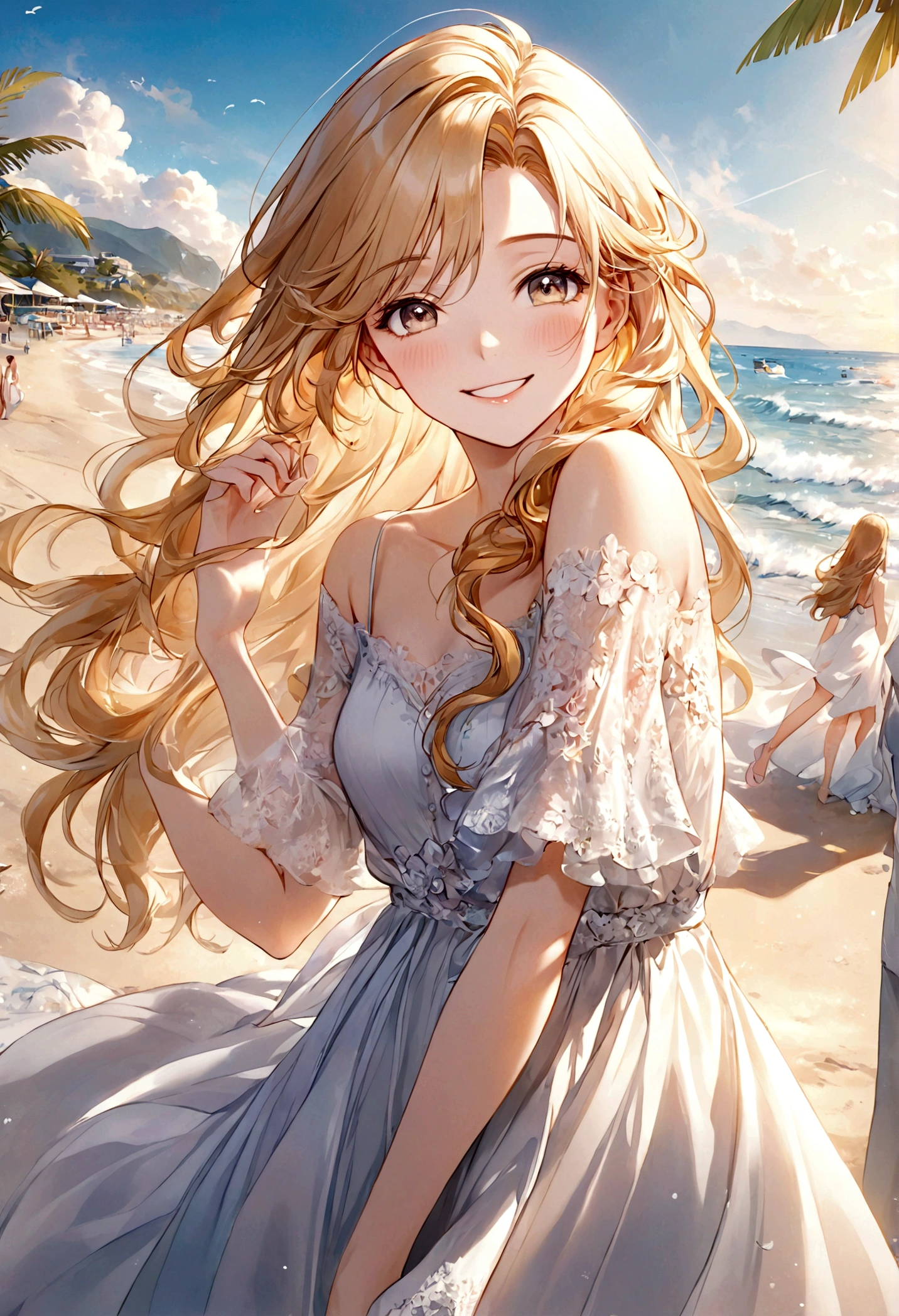 masterpiece,Ultra Detailed,Beautiful lady, Light long hair,Long wavy hair, beach，sunny，elegant smile, sweet smile, Relaxed expression, Fair skin