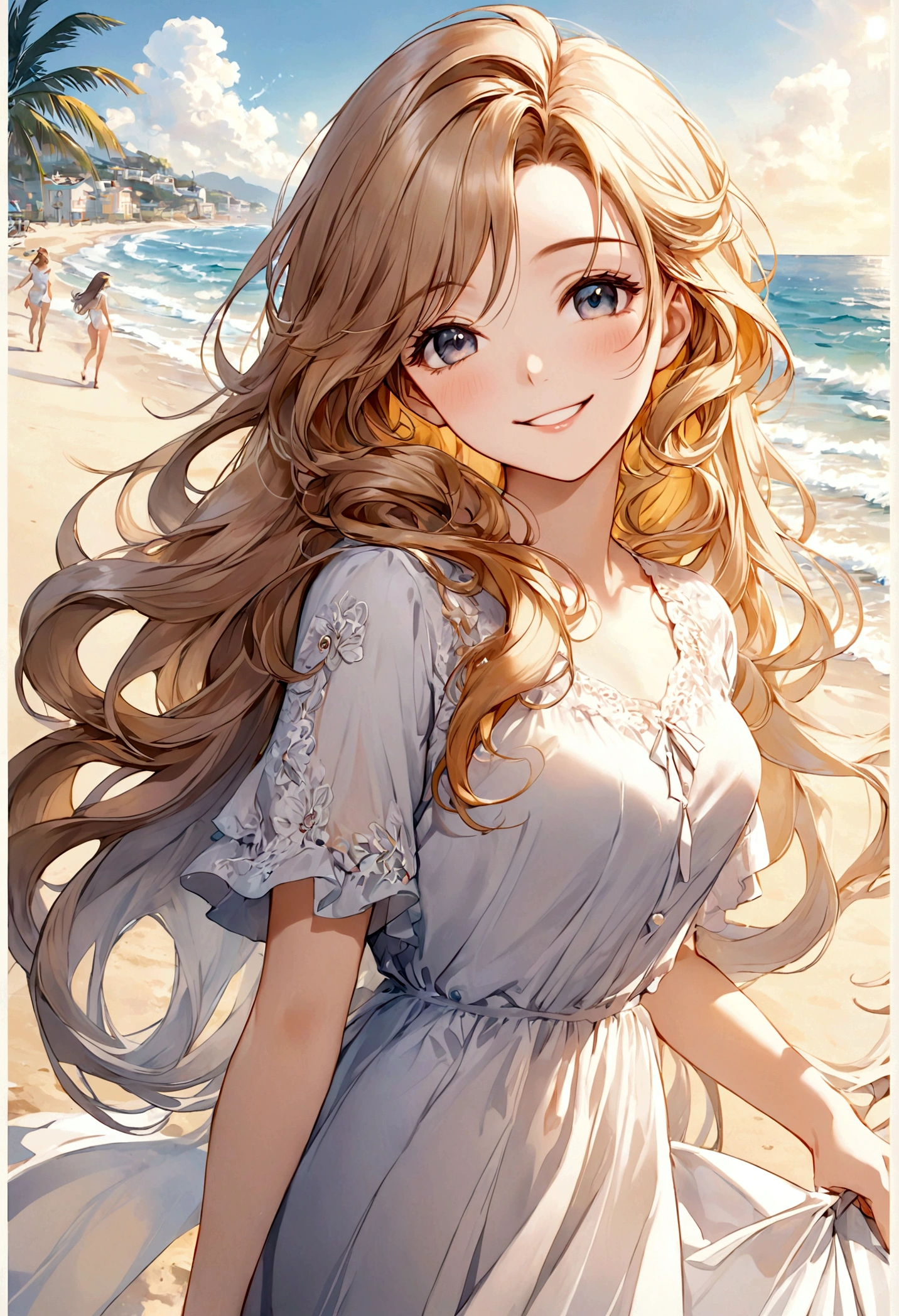 masterpiece,Ultra Detailed,Beautiful lady, Light long hair,Long wavy hair, beach,sunny,elegant smile, sweet smile, Relaxed expression, Fair skin