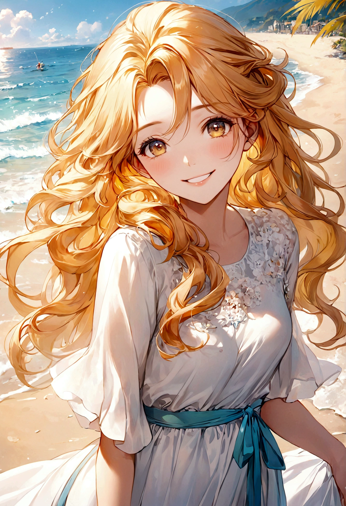 masterpiece,Ultra Detailed,Beautiful lady, Light long hair,Long wavy hair, beach，sunny，elegant smile, sweet smile, Relaxed expression, Fair skin