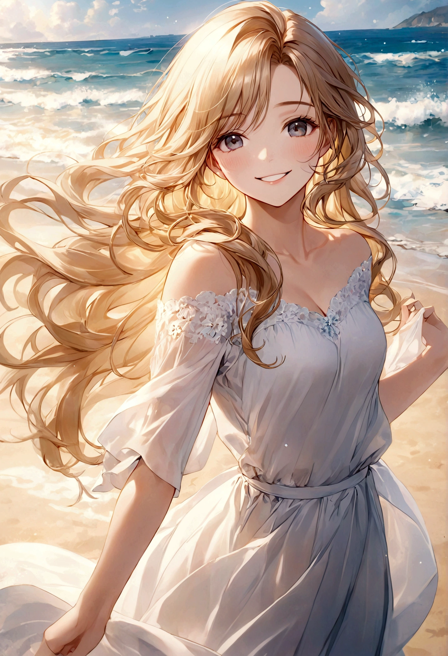 masterpiece,Ultra Detailed,Beautiful lady, Light long hair,Long wavy hair, beach,sunny,elegant smile, sweet smile, Relaxed expression, Fair skin