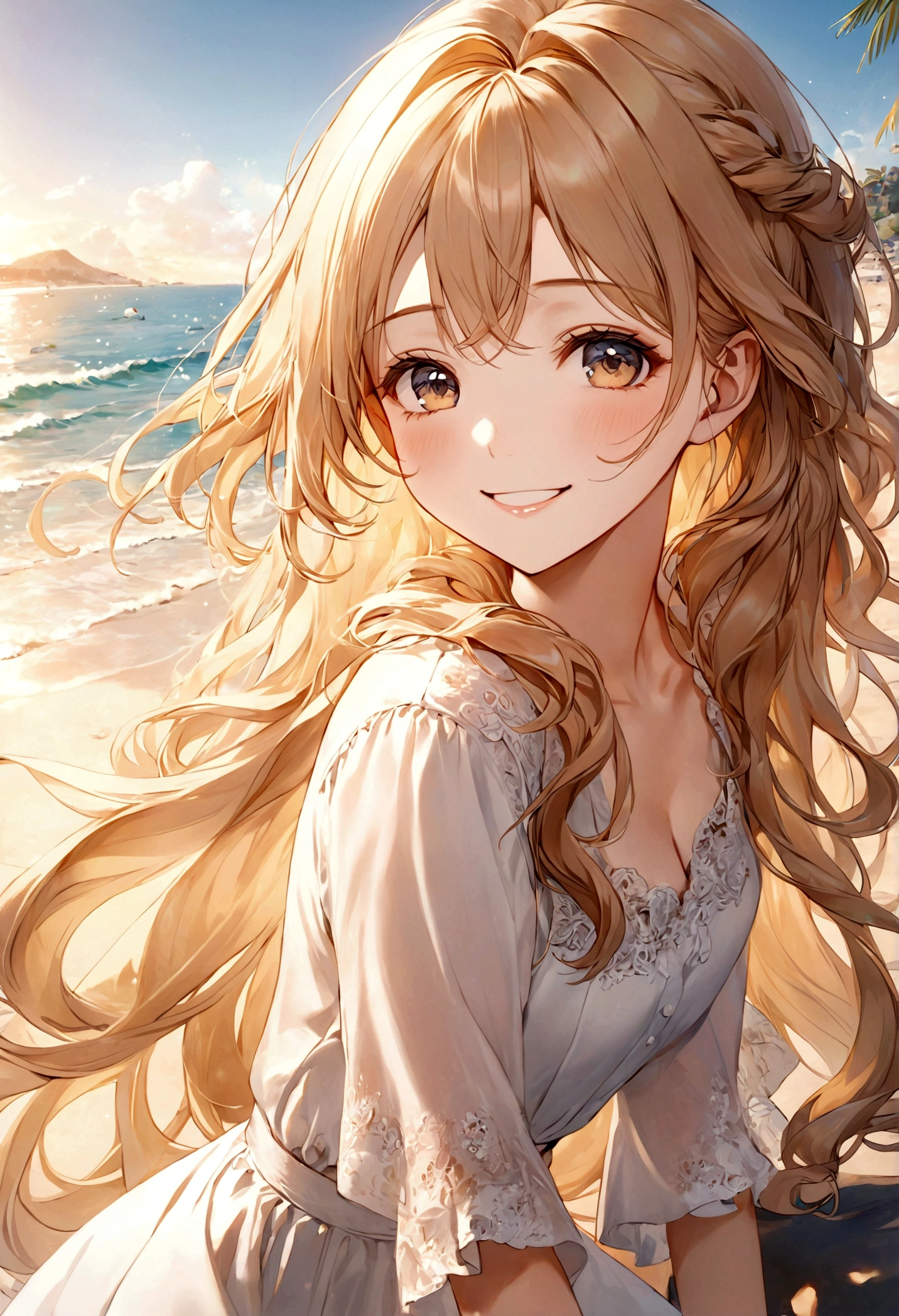 masterpiece,Ultra Detailed,Beautiful lady, Light long hair,Long wavy hair, beach,sunny,elegant smile, sweet smile, Relaxed expression, Fair skin
