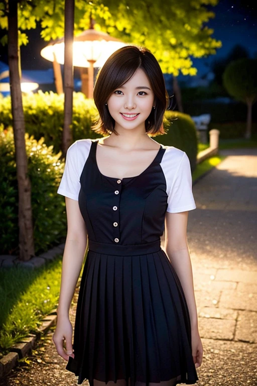 a gorgeous lady, age 22, white T-shirt and black pleated dress, standing under night sky, dimpled smile, very short bob hair, in a natural pose, photorealistic, beautiful detailed eyes, ample round bosom, hyper-realism, high contrast, ultra HD, realistic skin textures, top image quality, top-quality, super high resolution, fine details, very meticulously, bokeh background