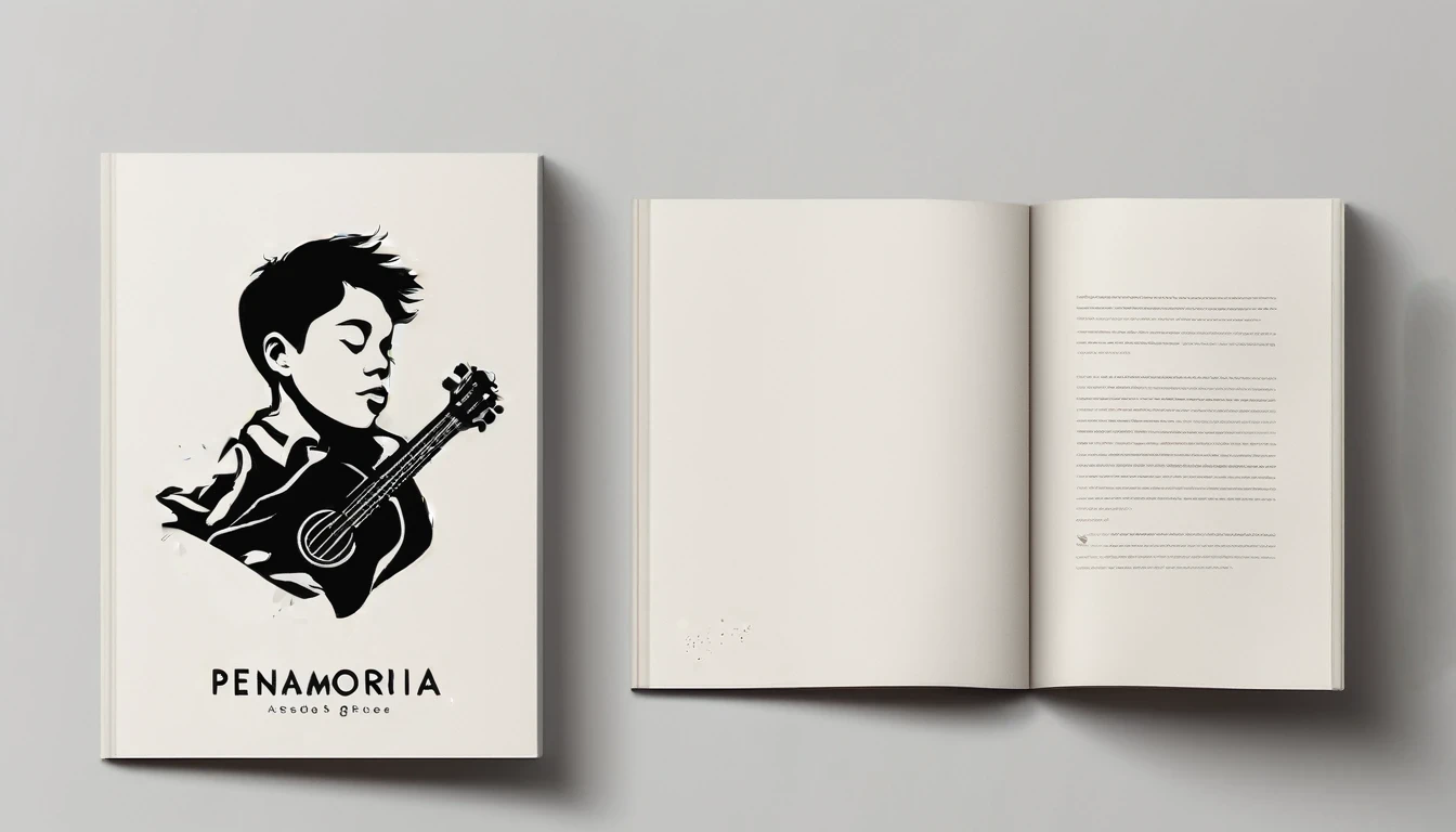 A minimal, modern, simple, cinematic logotype for the brand “Penamemoria". The logotype must be a simple, magical feather and a boy playing acoustic guitar. The logo must convey a sense of music, stories and dreams. Logo design impressed on a book cover. Minimalistic logo
