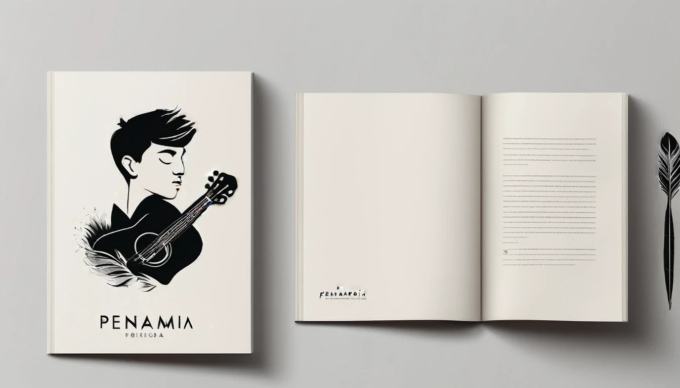 A minimal, modern, simple, cinematic logotype for the brand “Penamemoria". The logotype must be a simple, magical feather and a boy playing acoustic guitar. The logo must convey a sense of music, stories and dreams. Logo design impressed on a book cover. Minimalistic logo
