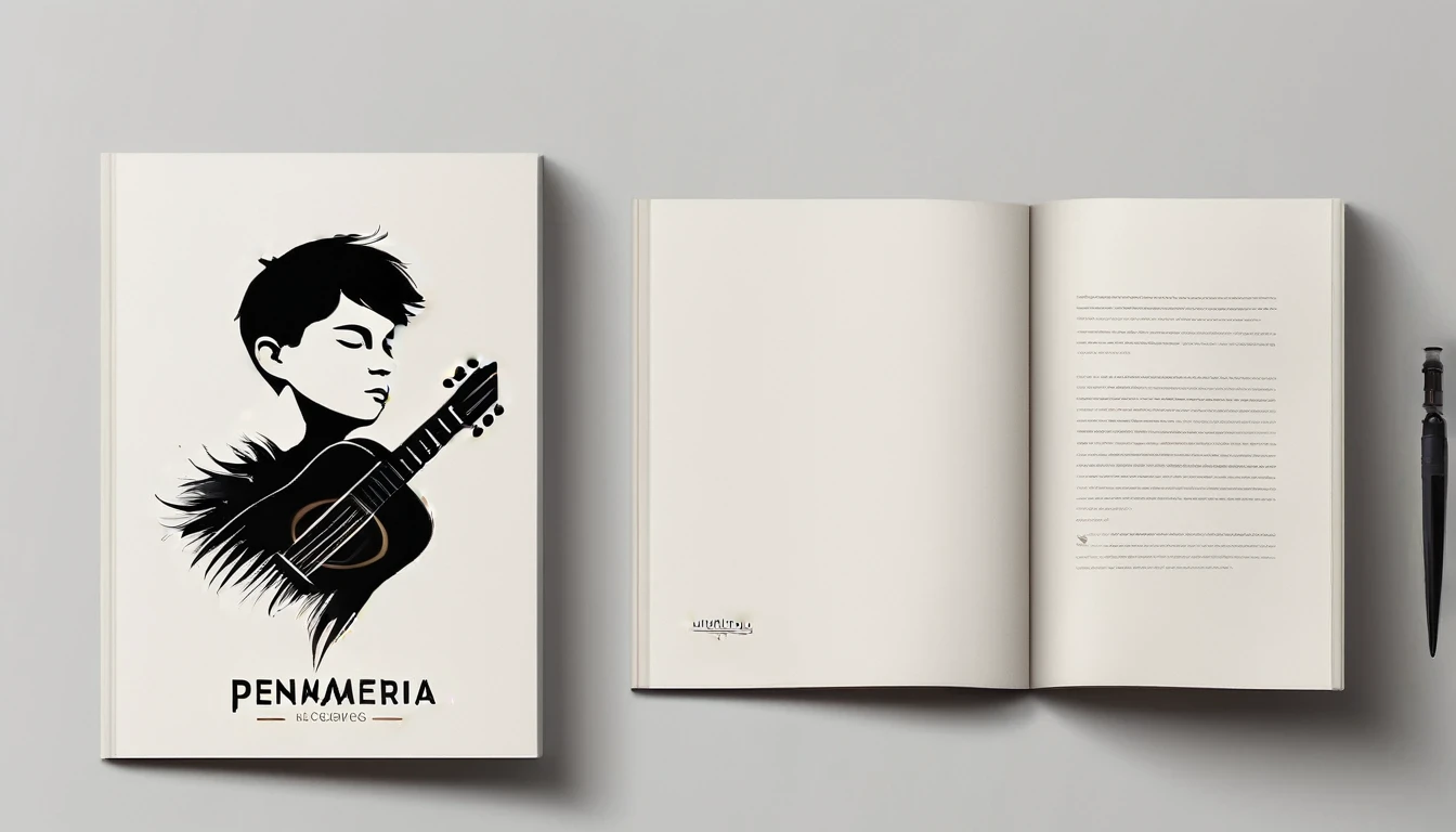 A minimal, modern, simple, cinematic logotype for the brand “Penamemoria". The logotype must be a simple, magical feather and a boy playing acoustic guitar. The logo must convey a sense of music, stories and dreams. Logo design impressed on a book cover. Minimalistic logo
