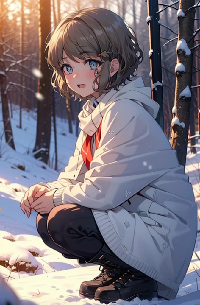 tomoekoga, Chie Koga, short hair, Brown Hair, blue eyes, hair band,smile,blush,White Breath,Mid-chest,
Open your mouth,snow,Ground bonfire, Outdoor, boots, snowing, From the side, wood, suitcase, Cape, Blurred, having meal, forest, White handbag, nature, Squat, Mouth closed, Cape, winter, Written boundary depth, Black shoes, red Cape break looking at viewer, Upper Body, whole body, break Outdoor, forest, nature, break (masterpiece:1.2), highest quality, High resolution, unity 8k wallpaper, (shape:0.8), (Beautiful and beautiful eyes:1.6), Highly detailed face, Perfect lighting, Highly detailed CG, (Perfect hands, Perfect Anatomy),
