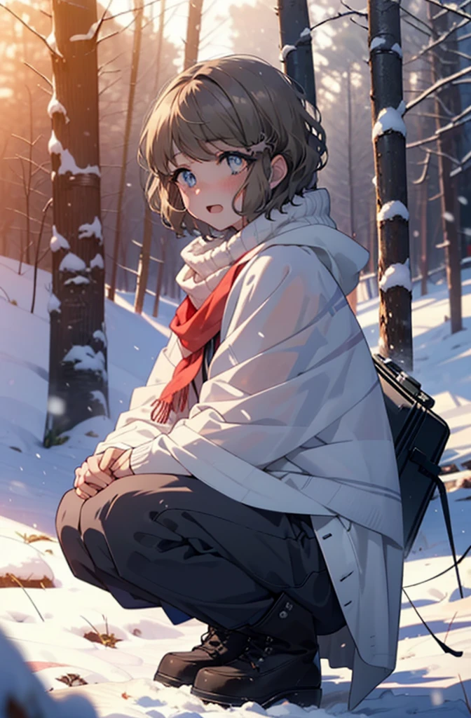 tomoekoga, Chie Koga, short hair, Brown Hair, blue eyes, hair band,smile,blush,White Breath,Mid-chest,
Open your mouth,snow,Ground bonfire, Outdoor, boots, snowing, From the side, wood, suitcase, Cape, Blurred, having meal, forest, White handbag, nature,  Squat, Mouth closed, Cape, winter, Written boundary depth, Black shoes, red Cape break looking at viewer, Upper Body, whole body, break Outdoor, forest, nature, break (masterpiece:1.2), highest quality, High resolution, unity 8k wallpaper, (shape:0.8), (Beautiful and beautiful eyes:1.6), Highly detailed face, Perfect lighting, Highly detailed CG, (Perfect hands, Perfect Anatomy),