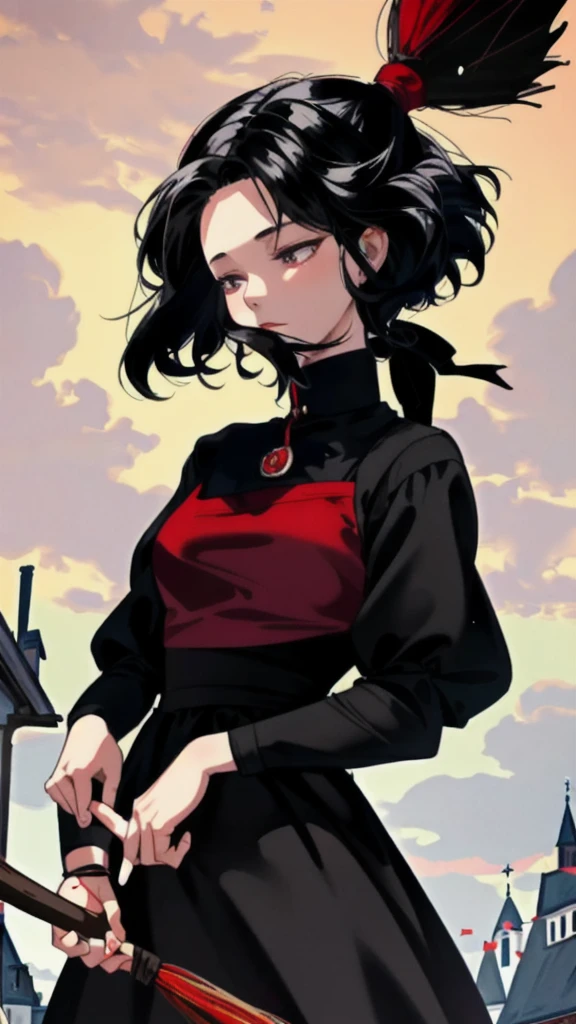 Ghibli-style animation. The Witch's Delivery Service. In the streets of Sweden. A girl. A black dress. Black hair. Short cut. A big red ribbon on her head. A broom in her hand. High quality. 4K quality