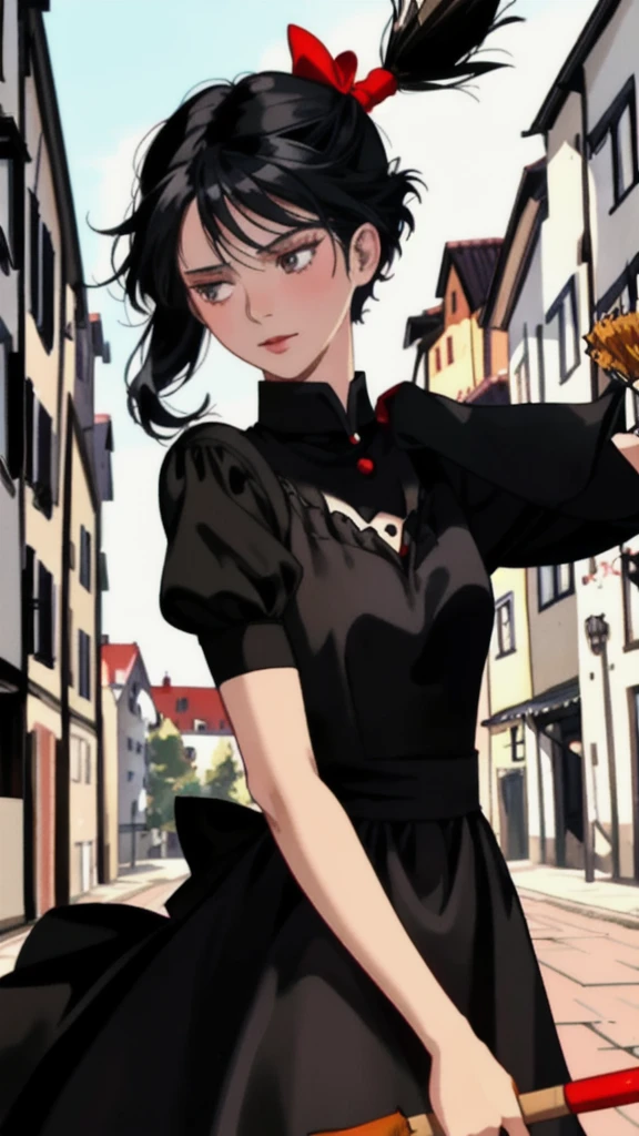 Ghibli-style animation. The Witch's Delivery Service. In the streets of Sweden. A girl. A black dress. Black hair. Short cut. A big red ribbon on her head. A broom in her hand. High quality. 4K quality