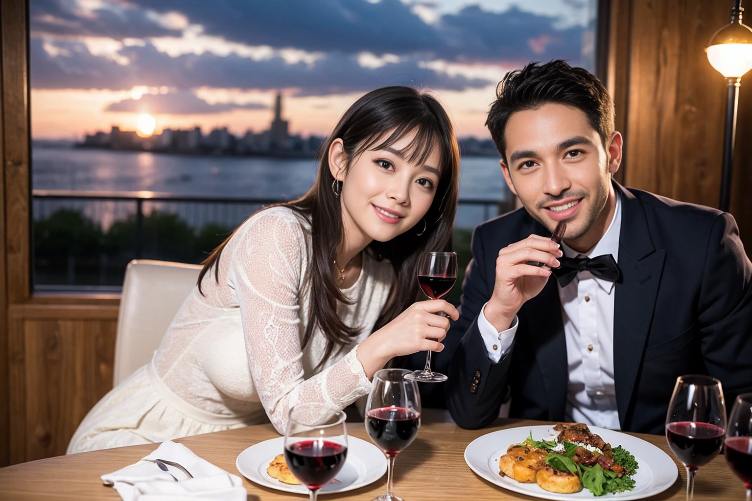 ((highest quality、8k、masterpiece:1.3))、 (Genuineistic, Genuine、Bright image、Intricate details:1.2), 1 male、1 female、Kimura Fumino-like beautiful Couple、spouse、Couple、spouse、Beautiful Couple、Smile、full-course dinner、 (Slim face), (The body is slim), (Brown Hair), (short hair), テーブルの上のwine glass、Please shine a light on my face、 Amazing view of the sunset sky and clouds、 (Age 35), 39 years old, red wine 、Appetizers、Wine bottle、sparkling wine、Long sleeve shirt、dress、White wine, red wine, wine glass,