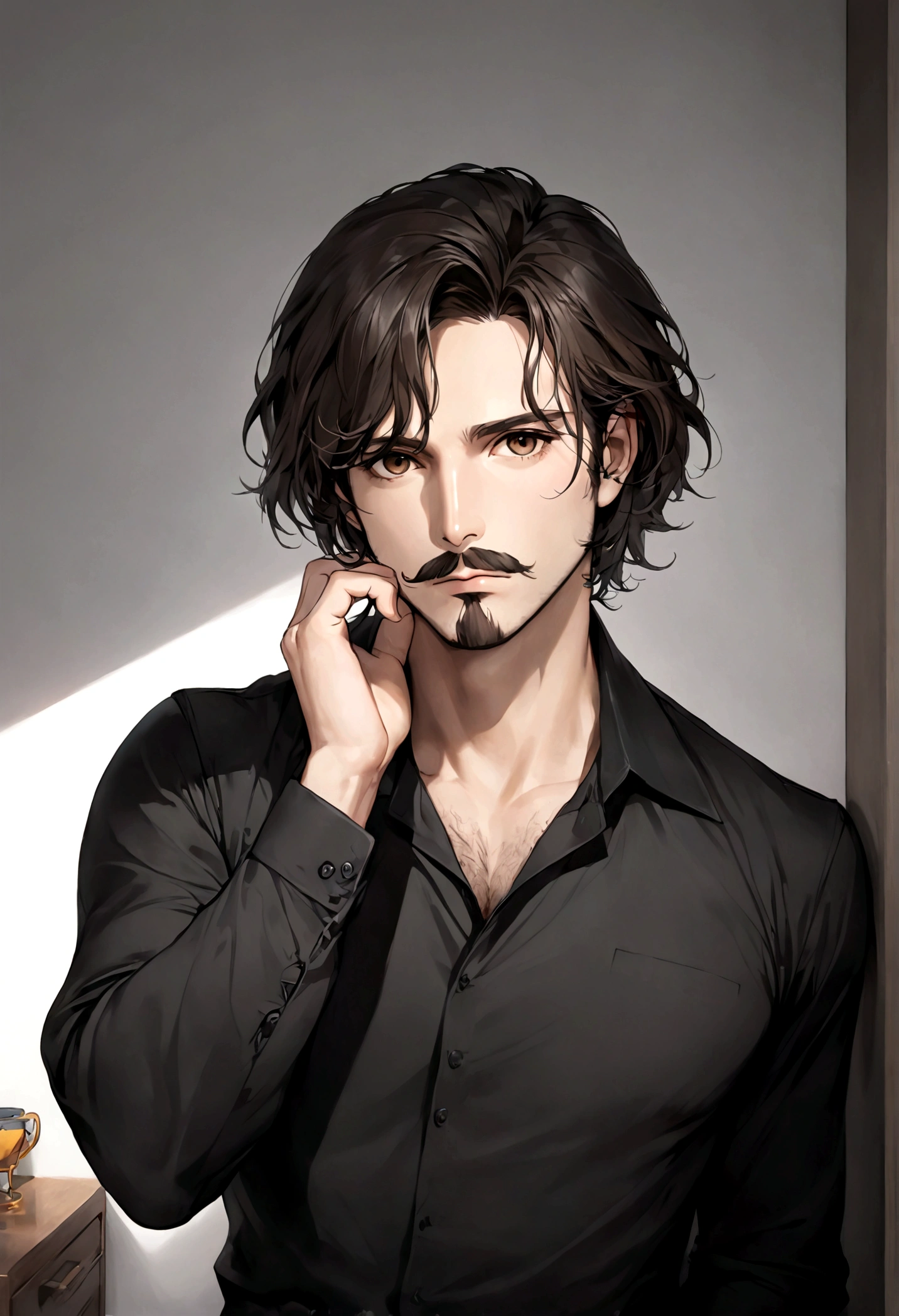 (traje de etiqueta para hombre), ), ((bigote estilo Van Dyke y (barba de chivo) "Van Dyke", Van Dyke beard)), (light brown eyes), Aspecto atractivo y serio, cabello largo oscuro, messy hair, Elegante y con estilo, Camiseta de cuerpo fuerte , Un hombre similar al actor Jim Morrison, ((cabello muy largo, hasta el hombro)) (Imagen realista y de alta calidad), Apartamento escandinavo en el fondo simple de un cuarto, ((La mejor calidad, 8K, obra maestra).((pose dinamica))