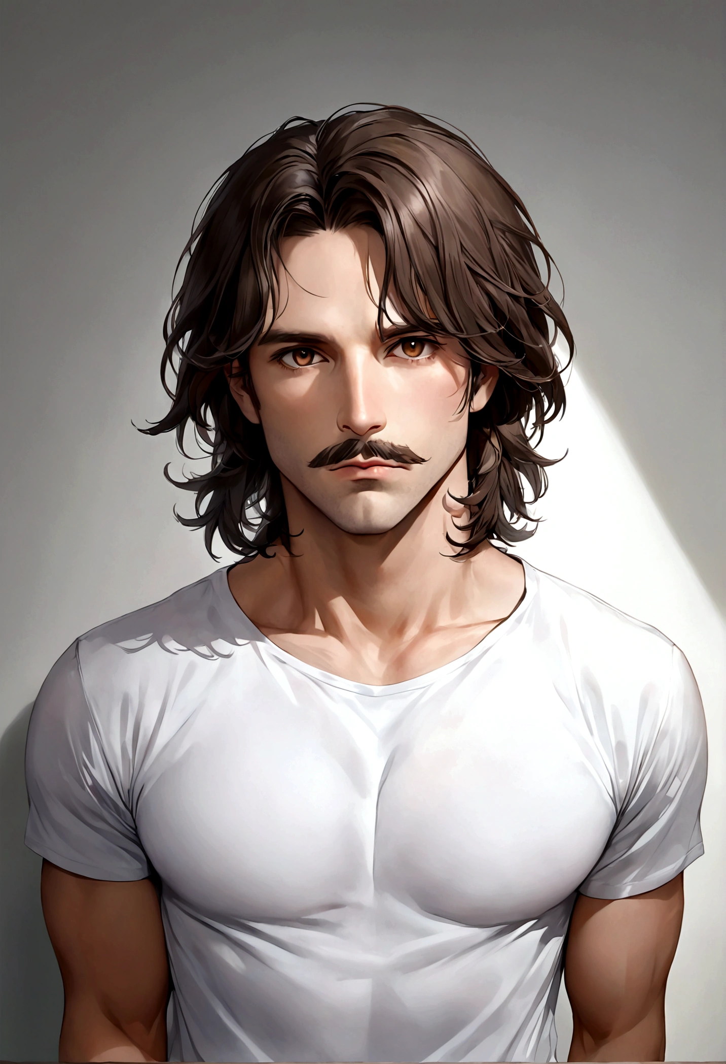 (traje de etiqueta para hombre), ), ((bigote estilo Van Dyke y (barba de chivo) "Van Dyke", Van Dyke beard)), (light brown eyes), Aspecto atractivo y serio, cabello largo oscuro, messy hair, Elegante y con estilo, Camiseta de cuerpo fuerte , Un hombre similar al actor Jim Morrison, ((cabello muy largo, hasta el hombro)) (Imagen realista y de alta calidad), Apartamento escandinavo en el fondo simple de un cuarto, ((La mejor calidad, 8K, obra maestra).((pose dinamica))