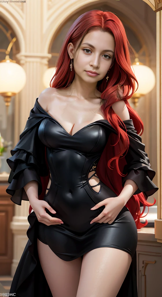 a beautiful redhead woman in a sexy dress, long wavy red hair, piercing green eyes, full lips, porcelain skin, elegant pose, hourglass figure, flowing dress, dramatic lighting, cinematic atmosphere, fantasy art style, vibrant colors, photorealistic, 8k, best quality, masterpiece