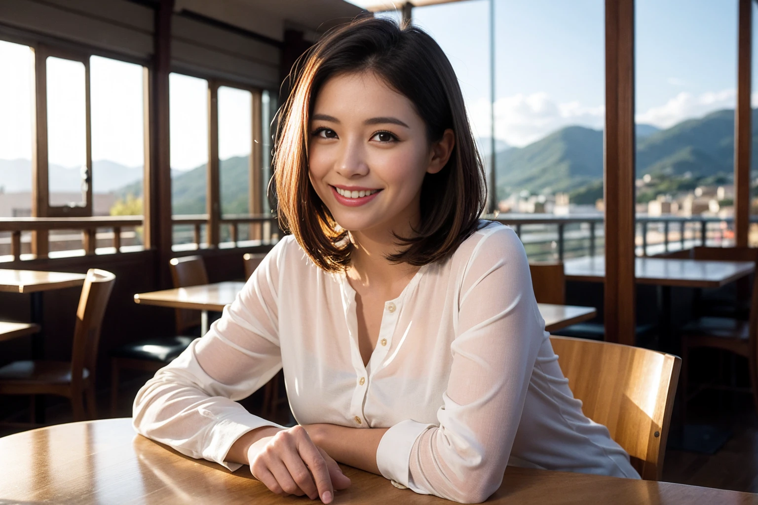 ((highest quality、8k、masterpiece:1.3))、1 male、1 female、Couple、spouse、Couple、The body is slim、((Bob Hale、Straight hair:1.2)), (Realistic, Intricate details:1.2), テーブルの上のwine glass、Put the light on your face、 Amazing view of the sunset sky and clouds、Amazing mountain views、A bright smile、The wonderfulness of smile、Bright image、The beauty of wine, Beautiful Face, blue eyes, The light shines on your face, Blushing, short hair,Bright Face、 (Age 37), 39 years old, red wine 、Appetizers、Italian food、Wine bottle、Champagne、sparkling wine、Two beauties、Brown Hair、Shortcuts、Long sleeve shirt、dress、Pretty Woman 1, (slimな顔), (The body is slim), (Brown Hair), (Shortcuts), cheeks turn a little red,Attractive beauty、restaurant, In a prominent place (From the waist up) Nova Frog Style, actress, model, Upper Body, White wine, slim, wine glass, 中央に置かれたwine glass, smile, (smile: 1.15), Beautiful fine grain, Depth f/2,saturation, High Contrast, Strong light and shadow,Moist Body:1.5、3D texture、Delicate eyes、Brown Hair、The hair is very shiny、
