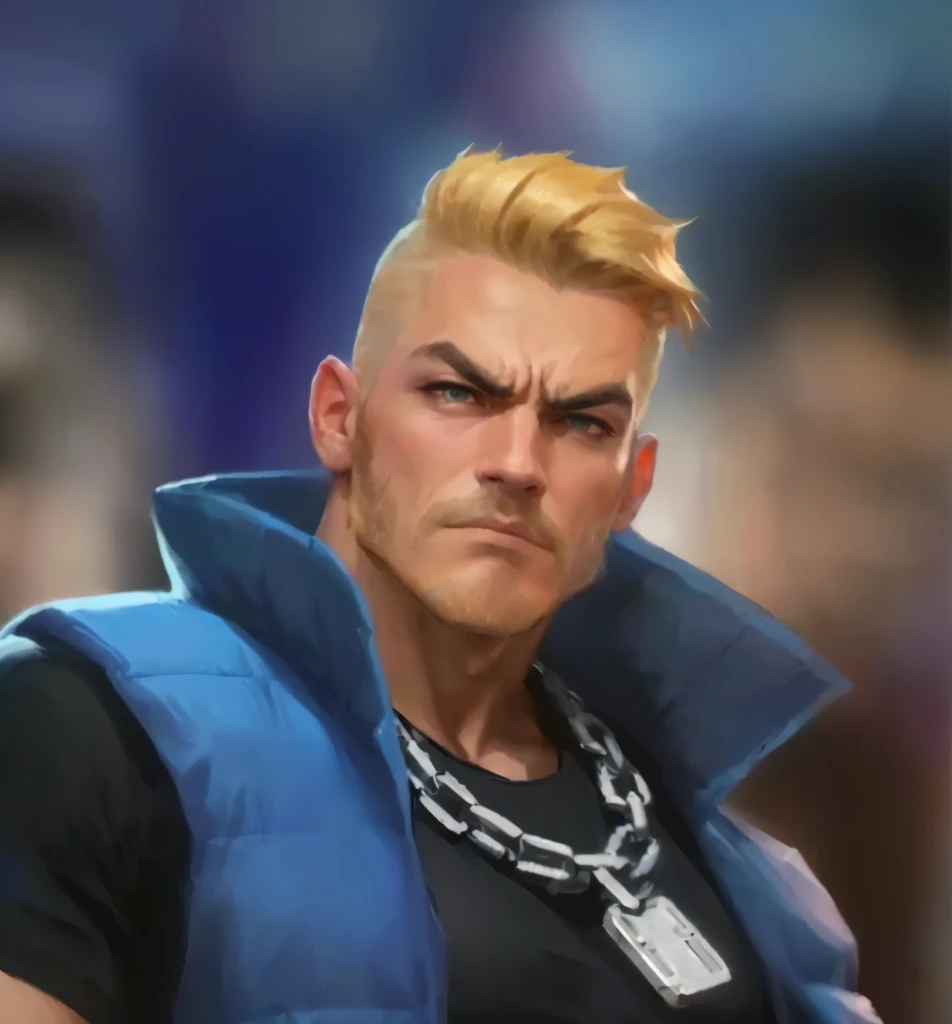 A gangster with a fierce expression, a blue stand-up collar jacket, a silver necklace and hair