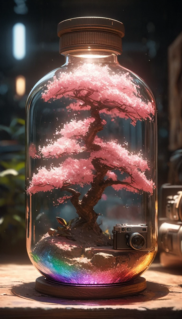Cherry tree in a bottle, Fluffy, Practical, Atmospheric light refraction, Photo by Lee Jeffries, Nikon d850 film stock photos 4 Kodak portra 400 camera f1.6 guns, rich and colorful, ultra Practical Practical textures, Dramatic Lighting, Unreal Engine Trends on artstation cinestill 800, Style - Glass