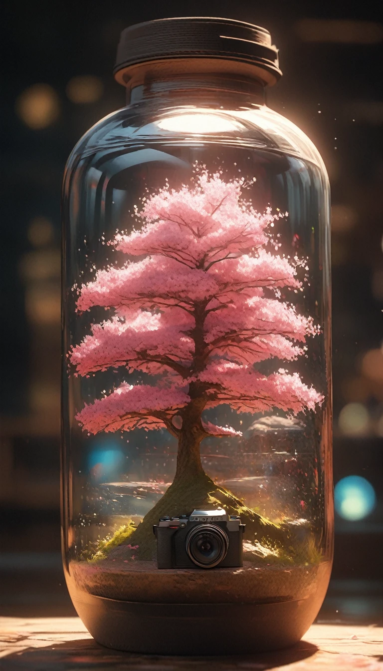Cherry tree in a bottle, Fluffy, Practical, Atmospheric light refraction, Photo by Lee Jeffries, Nikon d850 film stock photos 4 Kodak portra 400 camera f1.6 guns, rich and colorful, ultra Practical Practical textures, Dramatic Lighting, Unreal Engine Trends on artstation cinestill 800, Style - Glass