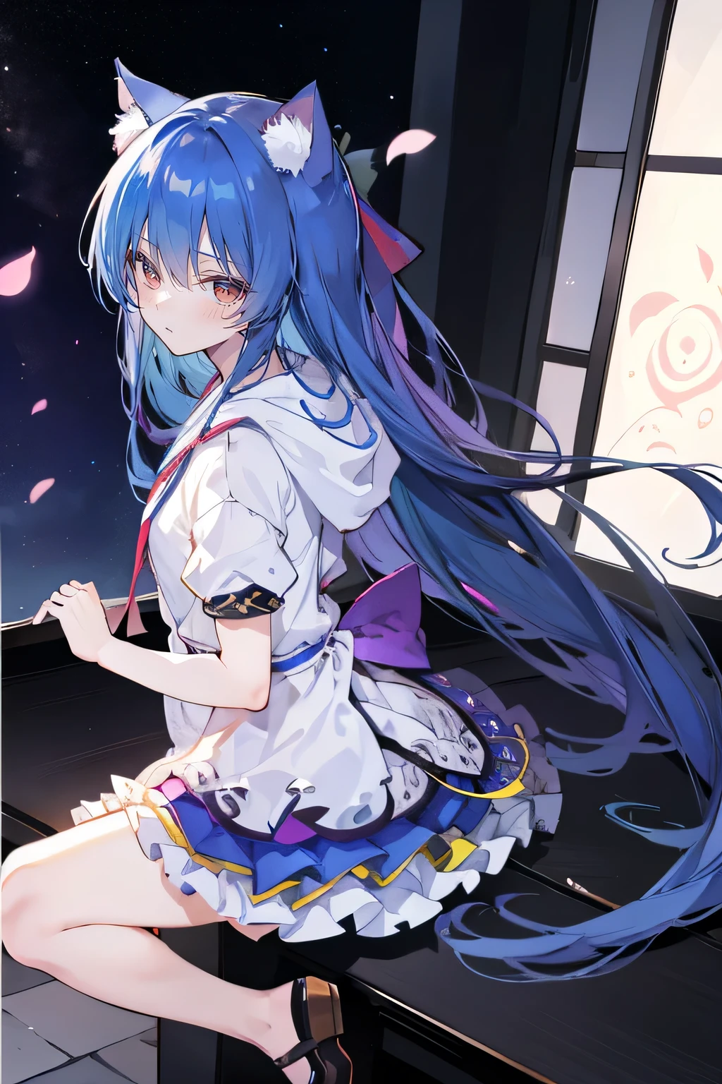 （masterpiece：1.2），Super detailed，lifelike，Expressive eyes，fair skin，perfect face shape，1 girl，
Japanese comics,Gorgeous blue hair,flowing blue hair,flowing clothes,Cat ears,Petals fall,beautiful lola,Baby Angel,
Shaking head with one hand，Cross your legs，Gentle and peaceful background，The pavilion is cool and comfortable,smile, wearing hoodie, background of tokyo,back views.