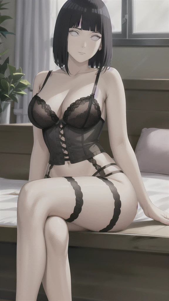 masterpiece, absurdres,hinata\(boruto\), 1girl,mature female, solo, black corset, lingerie, garter straps,wine,looking at viewer, caustics, sitting, crossed legs, bed, window