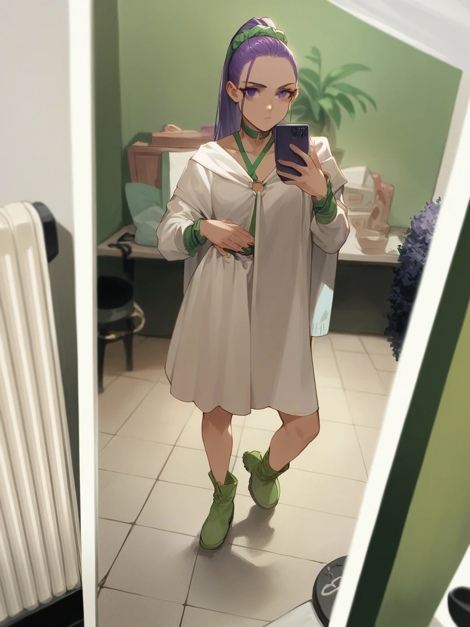 martina,purple eyes, purple hair, very long hair, ponytail, hair scrunchie, green choker, o-ring top, tank top, sleeveless, waist cape, black shorts, green belt, boots,fcPortrait