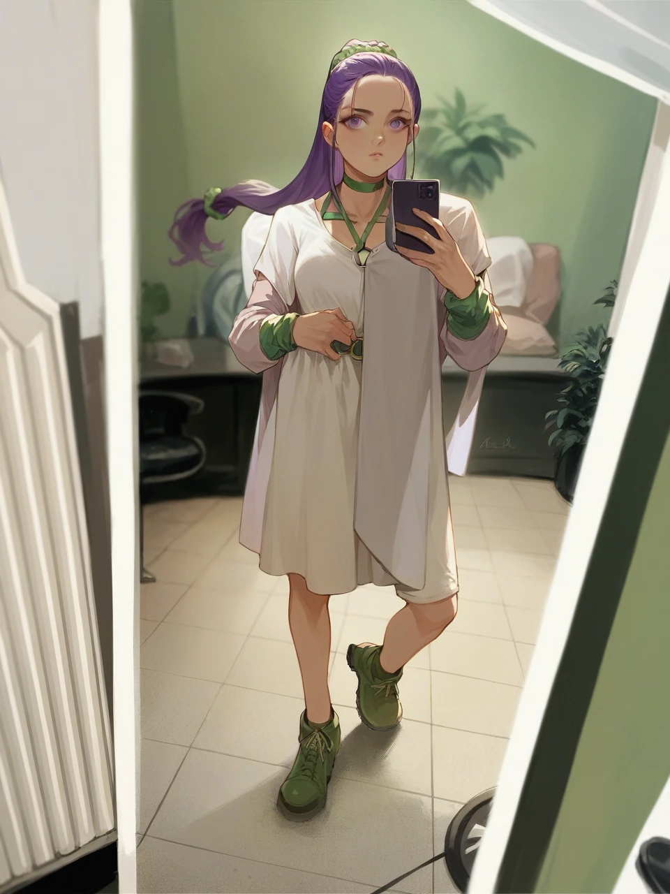 martina,purple eyes, purple hair, very long hair, ponytail, hair scrunchie, green choker, o-ring top, tank top, sleeveless, waist cape, black shorts, green belt, boots,fcPortrait  