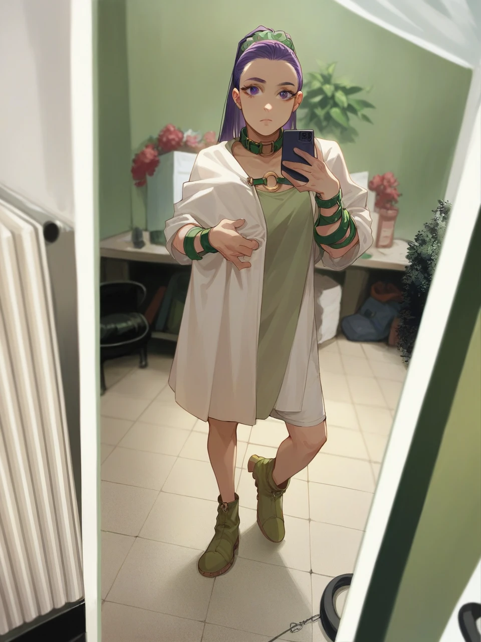 martina,purple eyes, purple hair, very long hair, ponytail, hair scrunchie, green choker, o-ring top, tank top, sleeveless, waist cape, black shorts, green belt, boots,fcPortrait