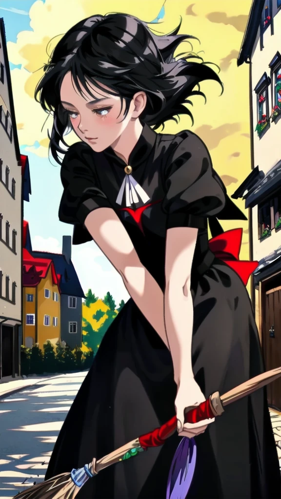 Ghibli-style animation. The Witch's Delivery Service. In the streets of Sweden. A girl. A black dress. Black hair. Short cut. A big red ribbon on her head. A broom in her hand. High quality. 4K quality