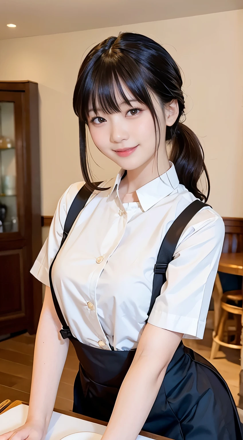 (highest quality,masterpiece:1.3,Ultra-high resolution,),(Very detailed,Caustics),(Realistic:1.4,RAW shooting,)Ultra-Realistic Capture,Very detailed,High resolution 16K human skin closeup。 Natural skin texture、,pores、、、、It must be detailed enough to be easily identifiable。 Skin tone is even and healthy looking。 Use natural light and color,restaurant,Waitress Uniform,1 girl,Japanese,18-year-old,cute,Black-haired,ponytail,Big Breasts,smile,Turn your body forward,(Front view:1.1),Looking into the camera,Cowboy Shot,
