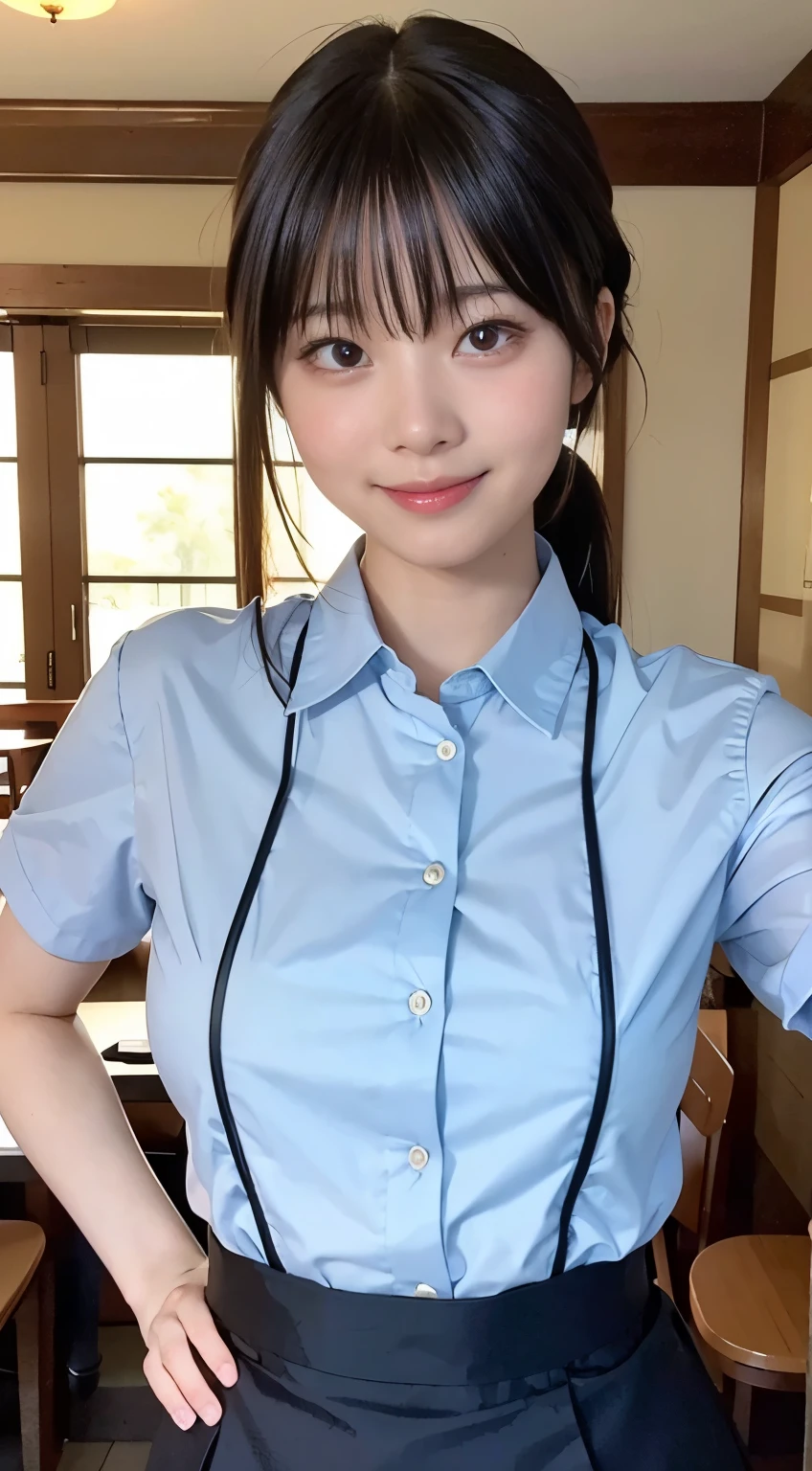 (highest quality,masterpiece:1.3,Ultra-high resolution,),(Very detailed,Caustics),(Realistic:1.4,RAW shooting,)Ultra-Realistic Capture,Very detailed,High resolution 16K human skin closeup。 Natural skin texture、,pores、、、、It must be detailed enough to be easily identifiable。 Skin tone is even and healthy looking。 Use natural light and color,restaurant,Waitress Uniform,1 girl,Japanese,18-year-old,cute,Black-haired,ponytail,Big Breasts,smile,Turn your body forward,(Front view:1.1),Looking into the camera,Cowboy Shot,