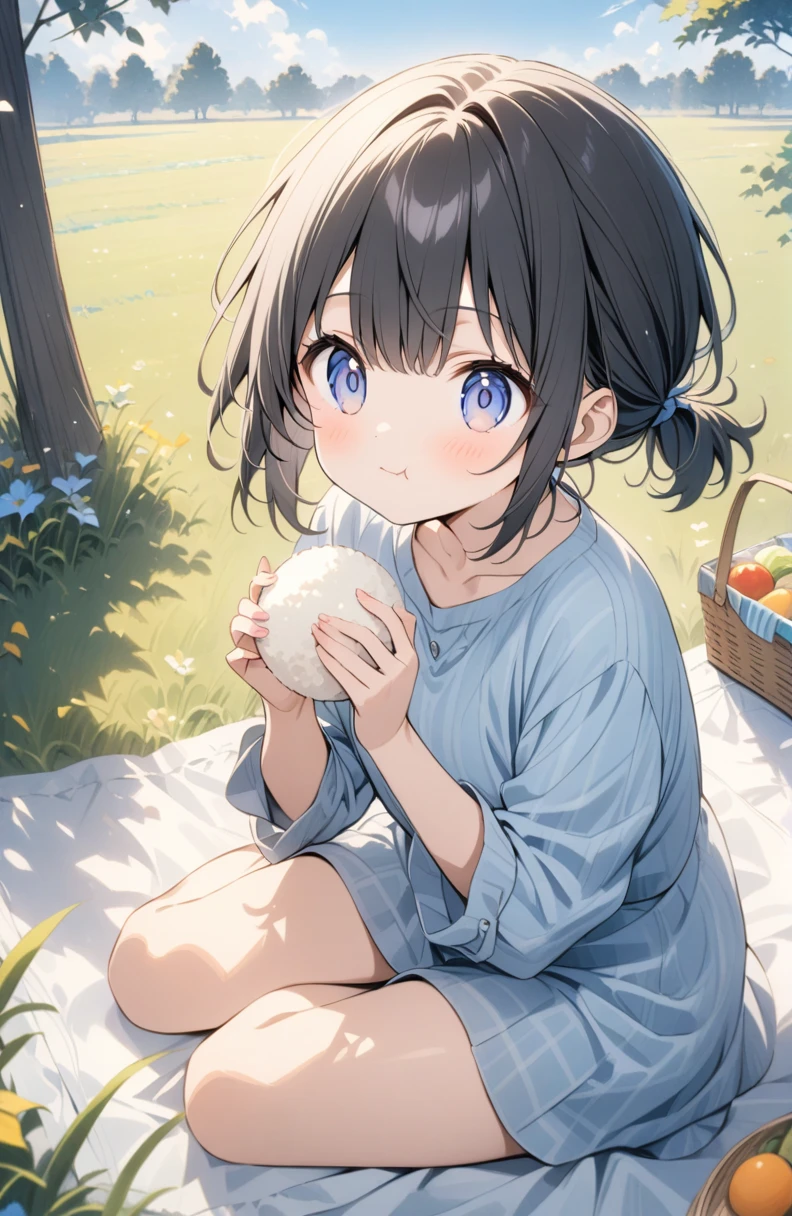(masterpiece:1.2),(anime),A girl eating rice ball、picnic、Blue sky and grassland、sitting on a picnic sheet、cute、Black Hair、Short Ponytail、A girl eating rice ball、picnic、Blue sky and grassland、cute、Black Hair、Bobcut