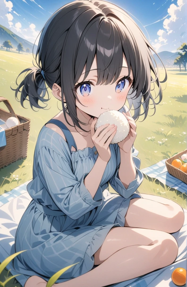 (masterpiece:1.2),(anime),A girl eating rice ball、picnic、Blue sky and grassland、sitting on a picnic sheet、cute、Black Hair、Short Ponytail、A girl eating rice ball、picnic、Blue sky and grassland、cute、Black Hair、Bobcut