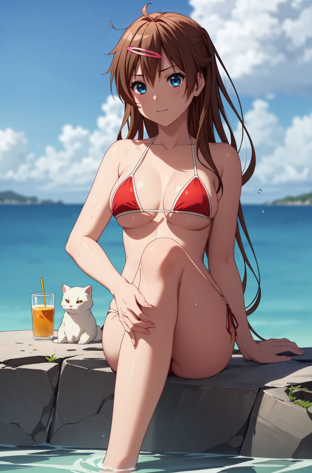 ((masterpiece, highest quality, High resolution, UHD, Pixel perfect, Depth of written boundary, 4K, rtx, HDR)), 1 Girl, single, alone, 24-years-old, Beautiful Anime Girls, Beautiful art style, anime character, ((Parted bangs, Brown Hair)), (blue eyes、Round eyes, Delicate eyelashes、Beautiful eyelashes, Perfect Eyes), (Detailed face:1.2), (Smooth texture:0.75, Realistic texture:0.65, Realistic:1.2, Cinematic, Anime CG Style), Perfect body, Ocean:1.3、Moderately good breasts:1.7、Red Micro Bikini Swimsuit:1.8、Visible from the thighs:1.9、Wet、Water Drop、Splash、nsfw、visible from below、Sitting、Crossing your legs