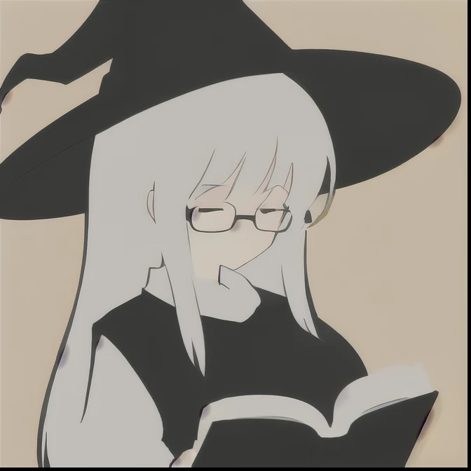 Anime Minimalist, One girl, alone, White Hair, Black clothing,Yellow background, hair ornaments, librarian,Glasses,hat,witch,(Turned to the side:1.5),(Reading a book:1.3),(Large Breasts.1.7),(Huge breasts:1.25)
