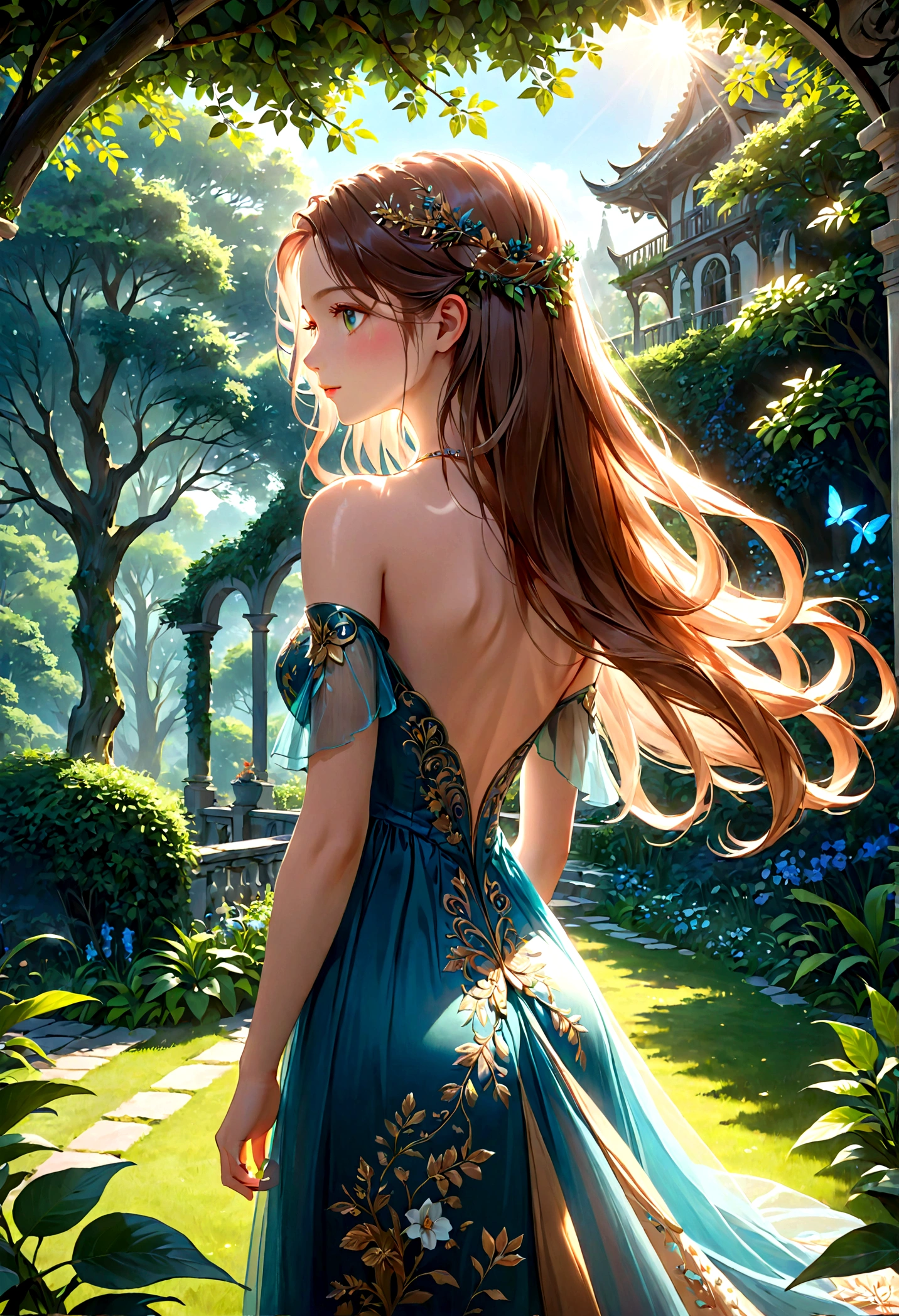 1girl, A woman in a garden, Back View, long flowing hair, delicate shoulders, intricate dress, sunlight filtering through trees, lush greenery, dreamy atmosphere, beautiful detailed face, beautiful detailed eyes, beautiful detailed lips, extremely detailed rendering, vivid colors, dramatic lighting, cinematic composition, fantasy art style, masterpiece, best quality, very aesthetic, absurdres