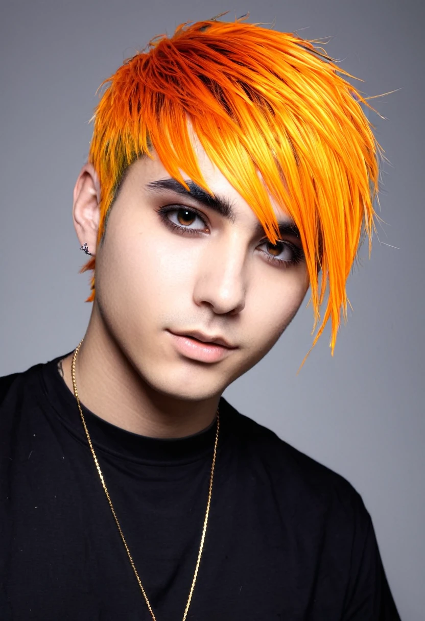 Slime boy, (slime) Slime hair  Tellum hair style, Persian orange, emo clothing, Masterpiece, Best Quality