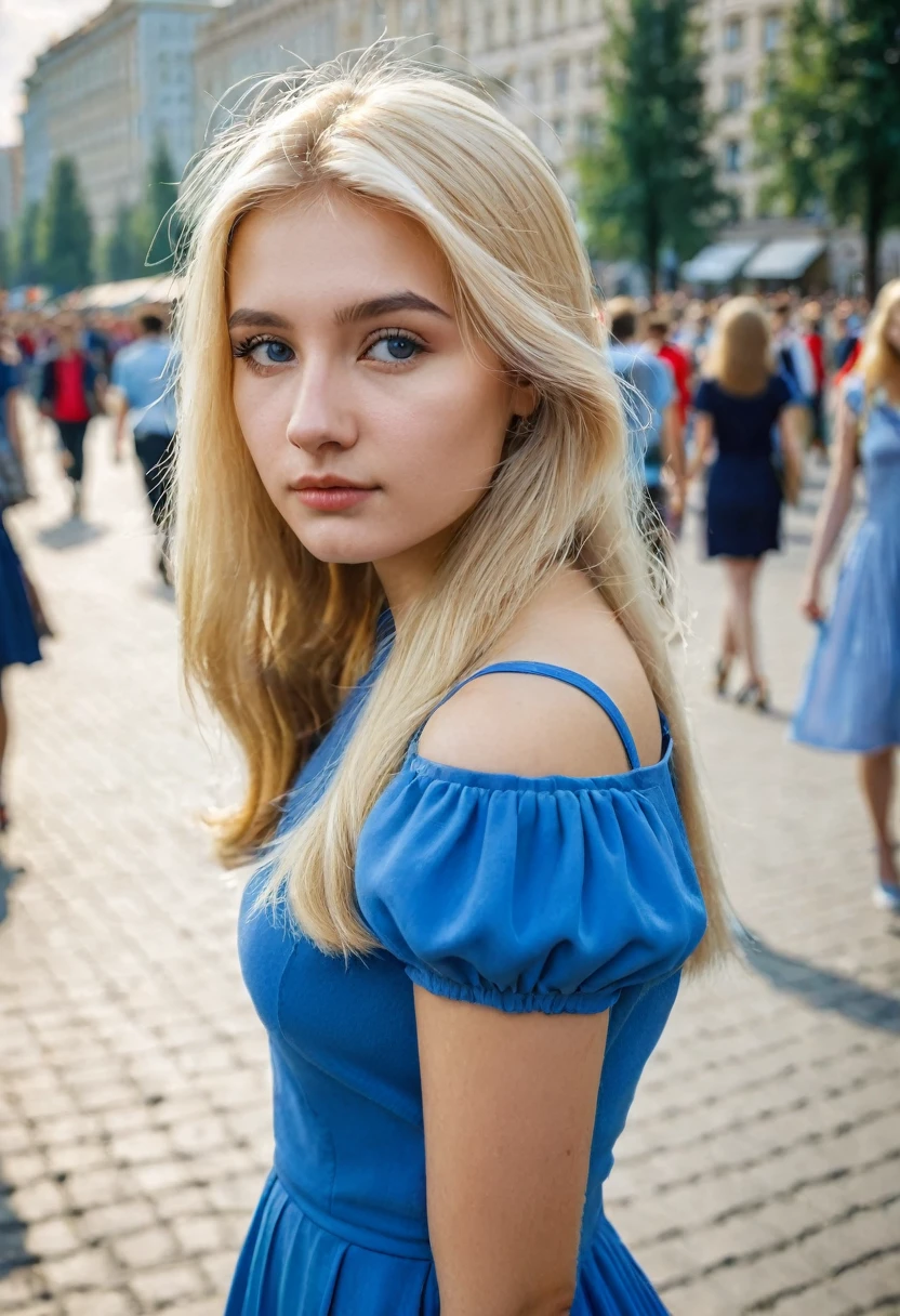 Photo of a beautiful girl 20 years old, university student in the USSR, blonde. Blue dress. Photo taken in the city, to the streets, against the background of the crowd. The girl does not look into the frame