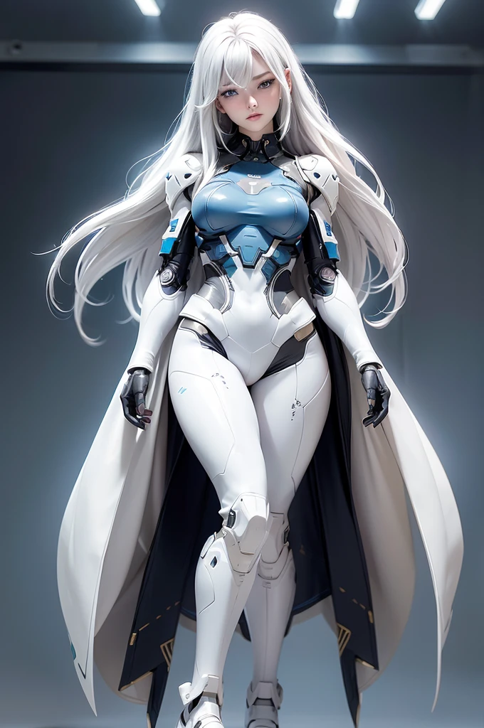 ((Cyberpunk women images)),Dynamic pose、(masterpiece:1.4, highest quality, Dutch Angle)(One girl, alone)(White hair that changes with the light、Smooth and straight hair、WHITE hair fluttering in the wind)、(beautiful, Glowing Skin、Cheek gloss highlighter、Sexy and very beautiful and adorable face、世界で最もbeautiful顔、big, Sparkling blue eyes)、(Cute 25 year old girl、Ample breasts、Narrow waist、Delicate shoulders、Perfect figure)(Futuristic combat suit、Battle Armor、Highly decorated battle suit)