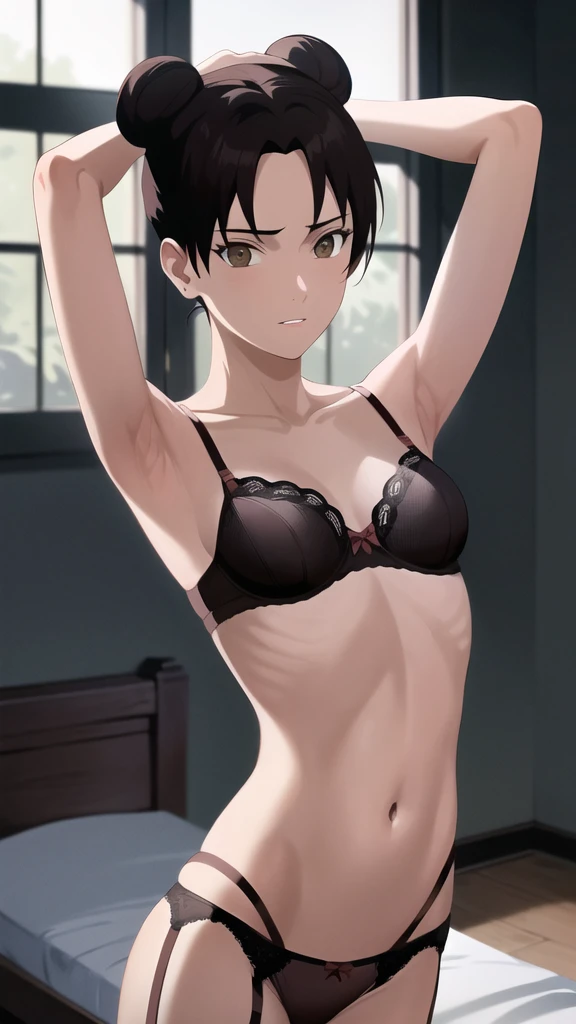 masterpiece, absurdres , (intricate details), (colorful),cinematic lighting,bust shot,extremely detailed CG unity 8k wallpaper, tenten\(shippuden\), 1girl, solo,medium breasts, lingerie, garter straps, arms up, arms behind head, bed, indoors,window, caustics, contrapposto, looking at viewer, parted lips,