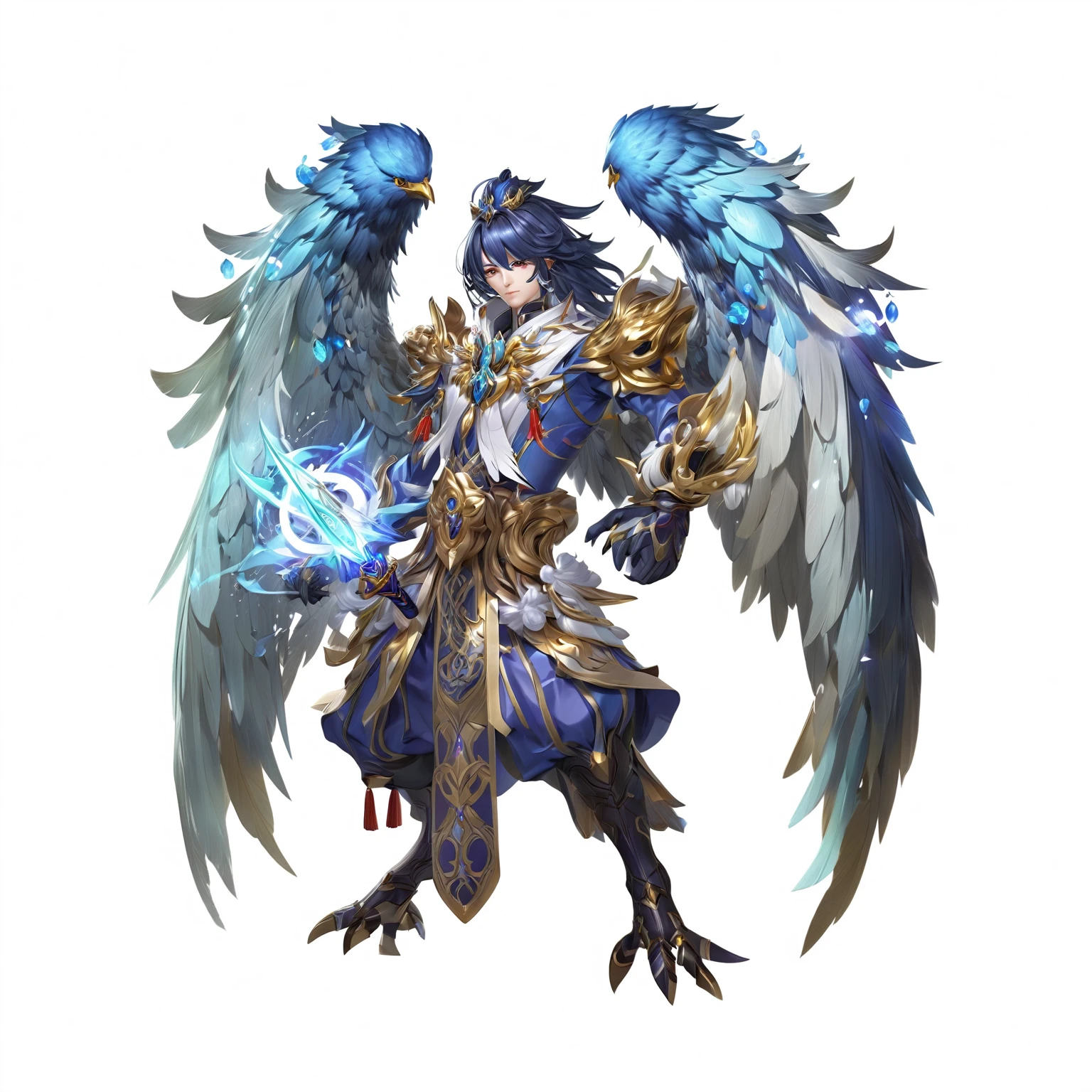 Birdman with wings and sword on white background, Onmyoji Detailed Art, Artificial Intelligence Art God King, 2. 5D CGI anime fantasy artwork, ( ( Artificial Intelligence Art God King ) ), A complete portrait of an elementalist, Duelist Style, Highly detailed official artwork, Keqing from genshin impact, Genshin Impact Characters, author:Yang Jie