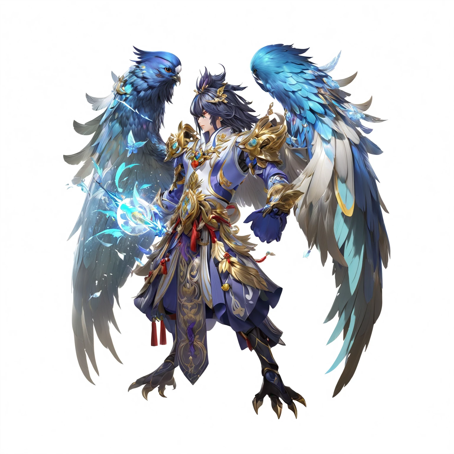 Birdman with wings and sword on white background, Onmyoji Detailed Art, Artificial Intelligence Art God King, 2. 5D CGI anime fantasy artwork, ( ( Artificial Intelligence Art God King ) ), A complete portrait of an elementalist, Duelist Style, Highly detailed official artwork, Keqing from genshin impact, Genshin Impact Characters, author：Yang Jie