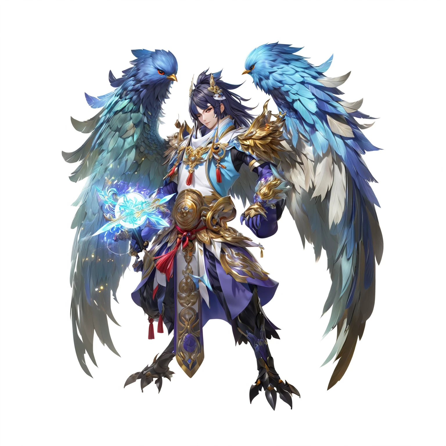 Birdman with wings and sword on white background, Onmyoji Detailed Art, Artificial Intelligence Art God King, 2. 5D CGI anime fantasy artwork, ( ( Artificial Intelligence Art God King ) ), A complete portrait of an elementalist, Duelist Style, Highly detailed official artwork, Keqing from genshin impact, Genshin Impact Characters, author:Yang Jie