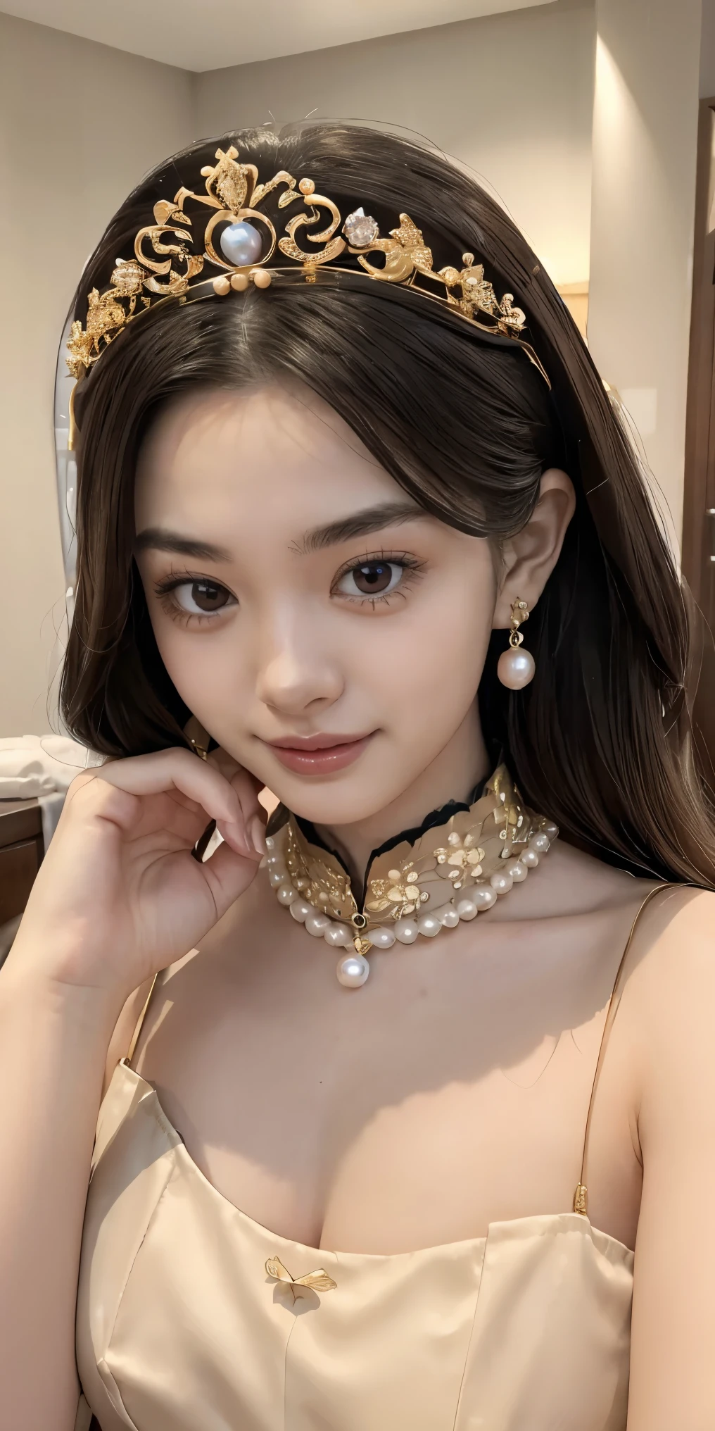 There is a woman in a cheongsam, 2 7 years old, 2 8 years old, 2 9 years old, 3 2 years old, delicate makeup, Ye Wen, 2 3 years old, round face, cute lian, gold tiara, pearl necklace, jade hairpin