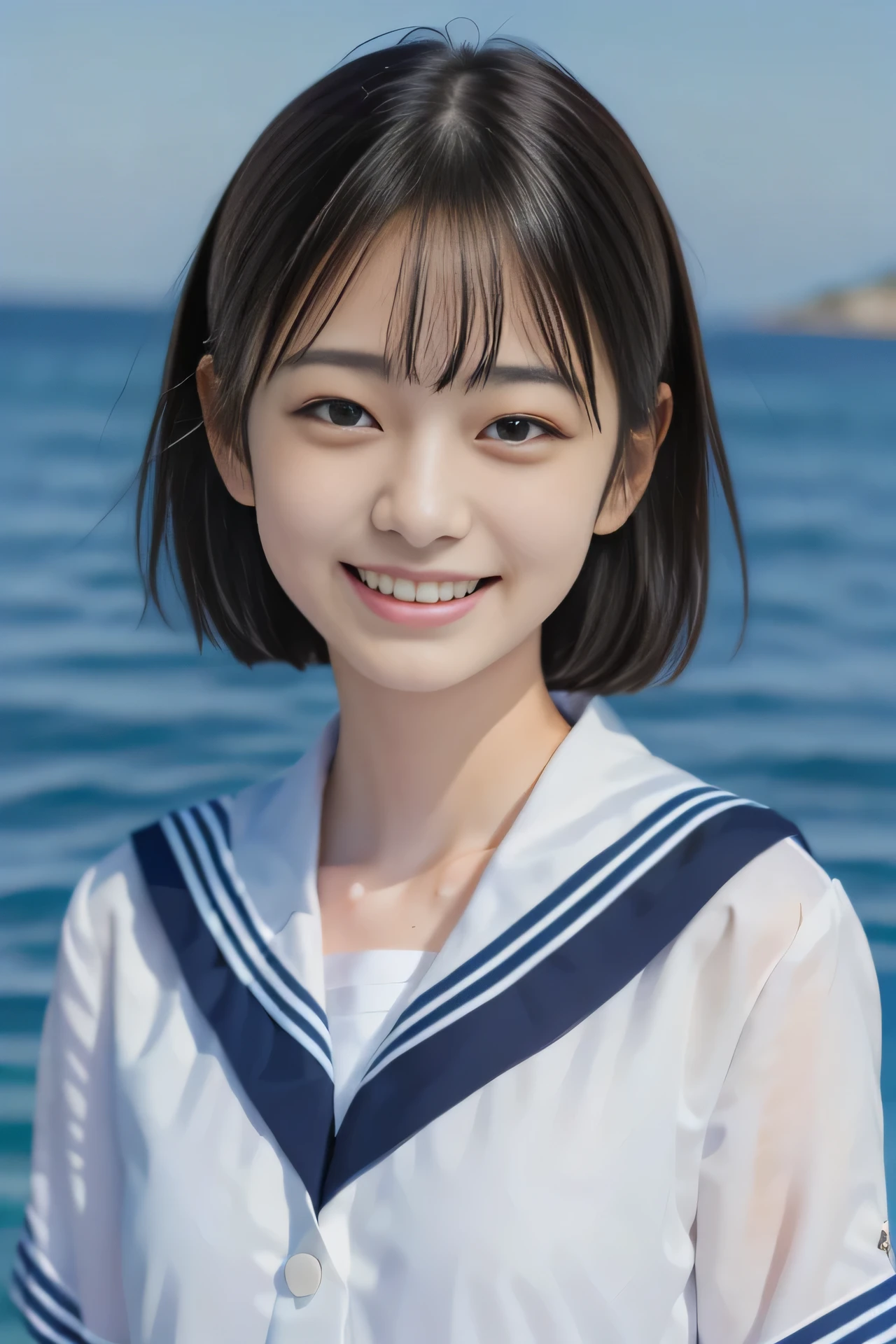 high resolution, photorealistic, ultra-detailed, (best quality, 8k, 32k, masterpiece, UHD:1.2), Photo of pretty Japanese school girl, smile, JK uniform, serafuku, looking at viewer, teeth, sailor collar, red neckerchief, upper body, grin, short hair, coast rocky area,