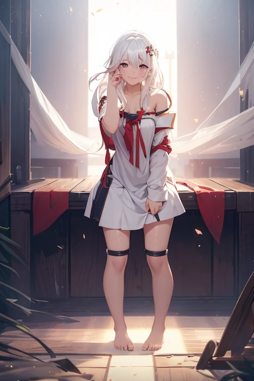 CG, Unity, 8k, wallpaper, highest quality, masterpiece, One girl, Cheerful girl, 17 years old, (Bright smile: 1.2), barefoot, Best lighting, Complex pupil, Complex weaving,Low - Angle,White Hair,Hair covering one eye,whole body,((White background))