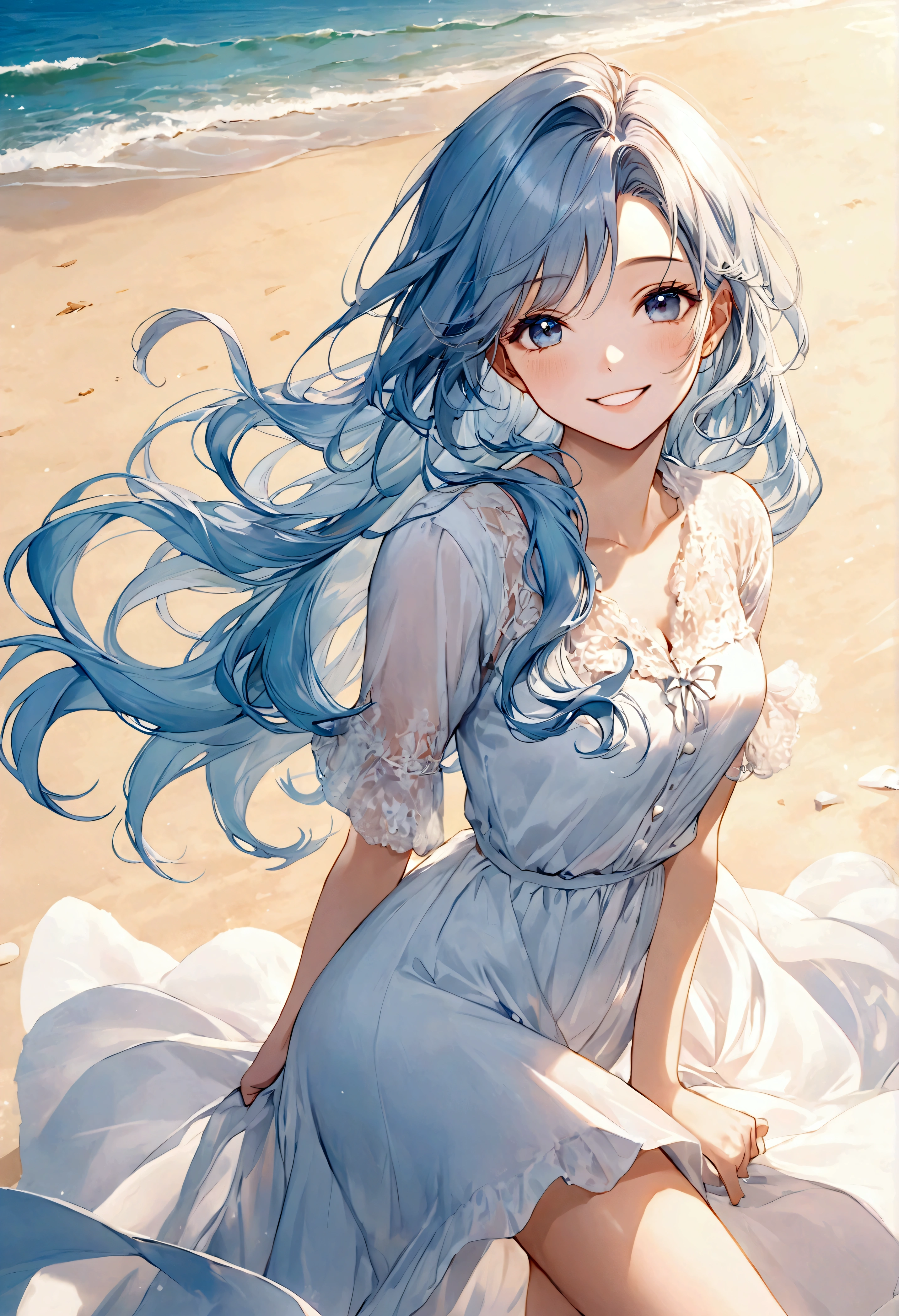 masterpiece,Ultra Detailed,Beautiful lady, Light blue long hair,Long wavy hair, beach，sunny，elegant smile, sweet smile, Relaxed expression, Fair skin
