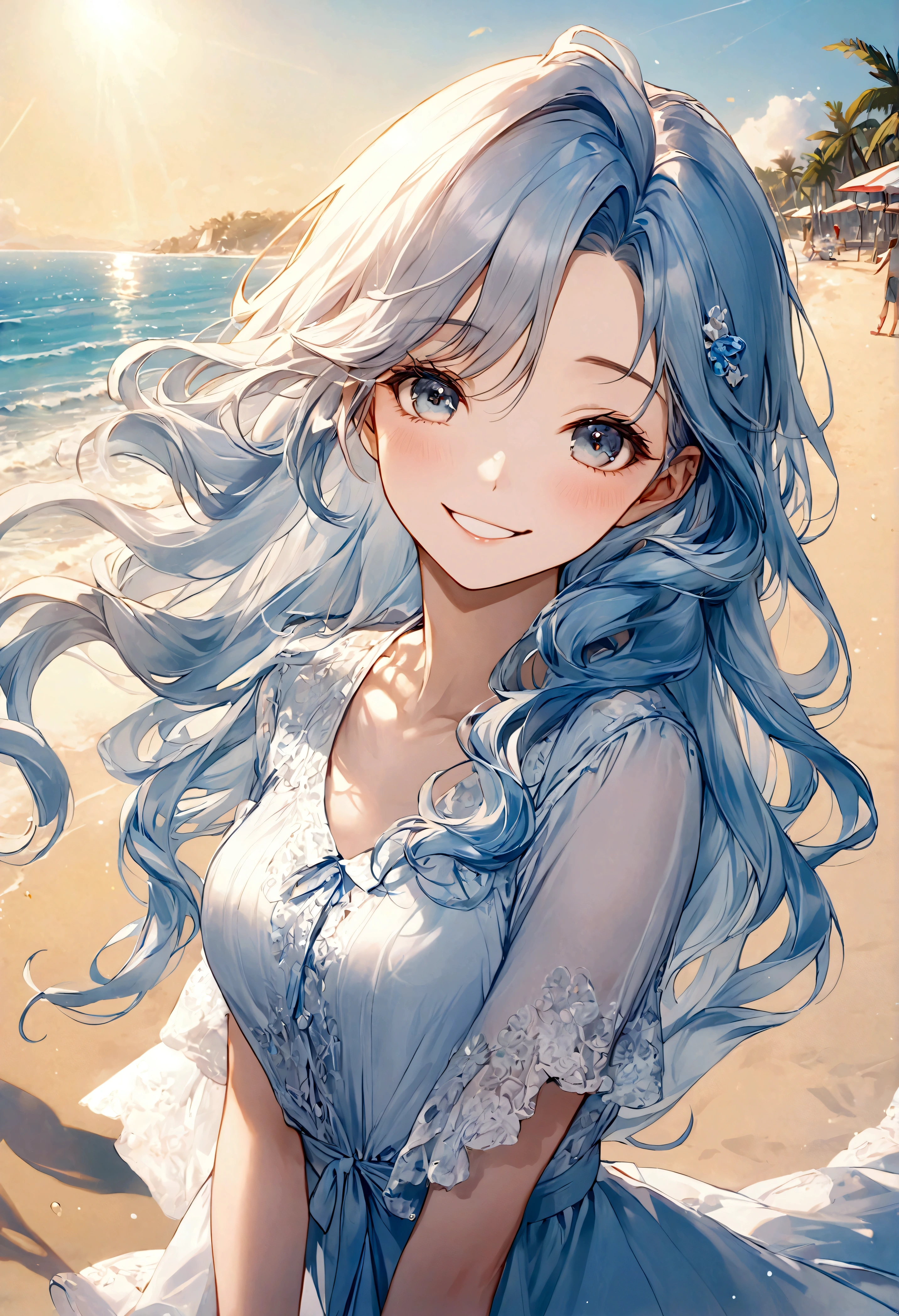 masterpiece,Ultra Detailed,Beautiful lady, Light blue long hair,Long wavy hair, beach,sunny,elegant smile, sweet smile, Relaxed expression, Fair skin