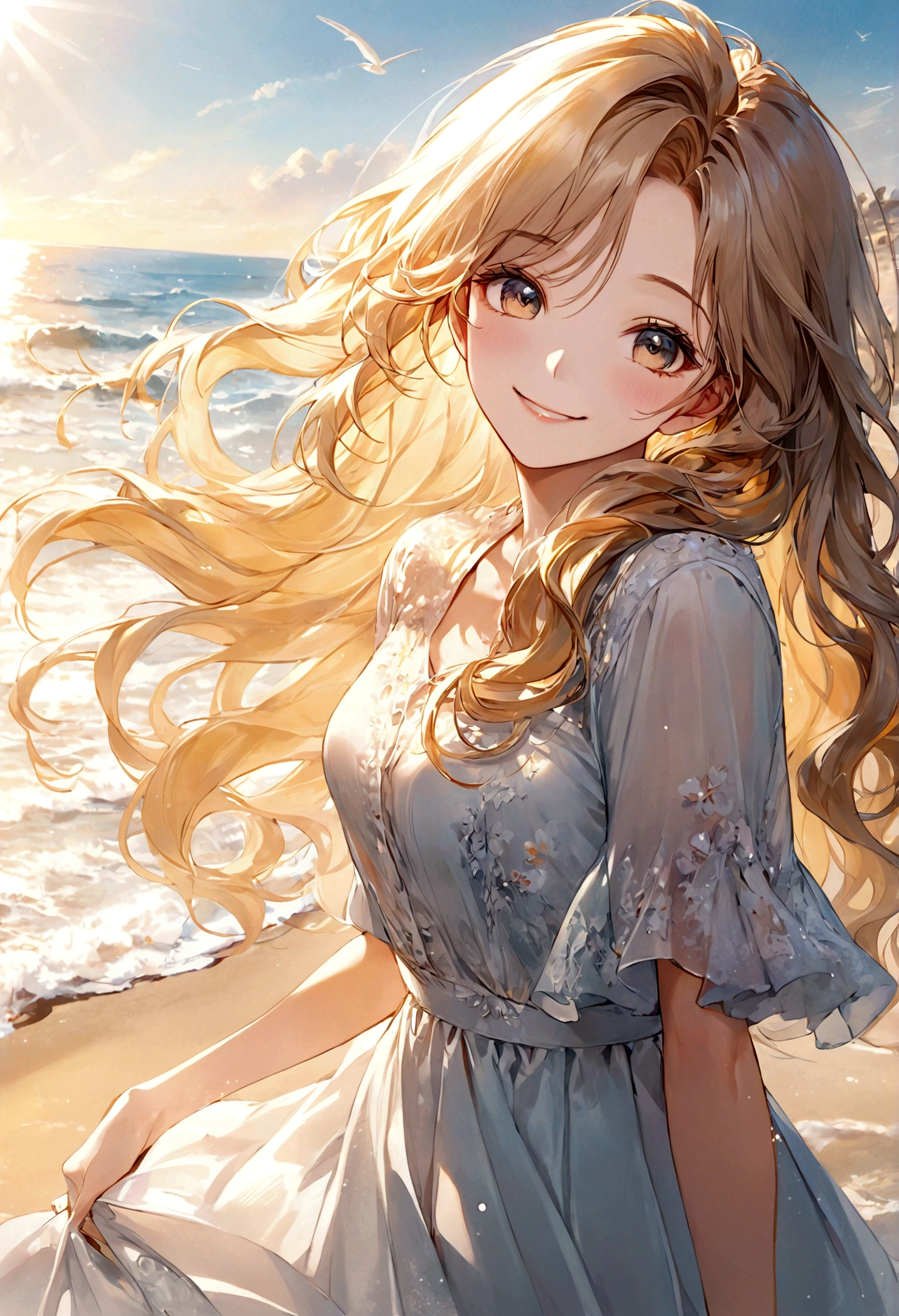 masterpiece,Ultra Detailed,Beautiful lady, Light long hair,Long wavy hair, beach，sunny，elegant smile, sweet smile, Relaxed expression, Fair skin